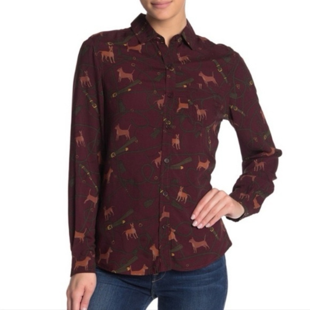 Beachlunchlounge Women’s Maroon Button-Up Alanna Shirt with Dog Design Status XL